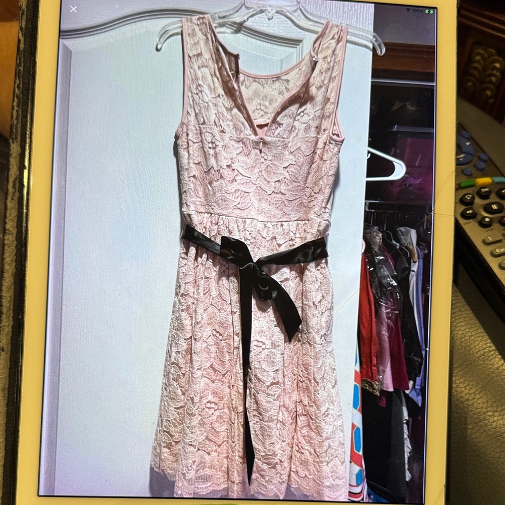 Tiana B. Pink Lace Mini Dress with Black Bow